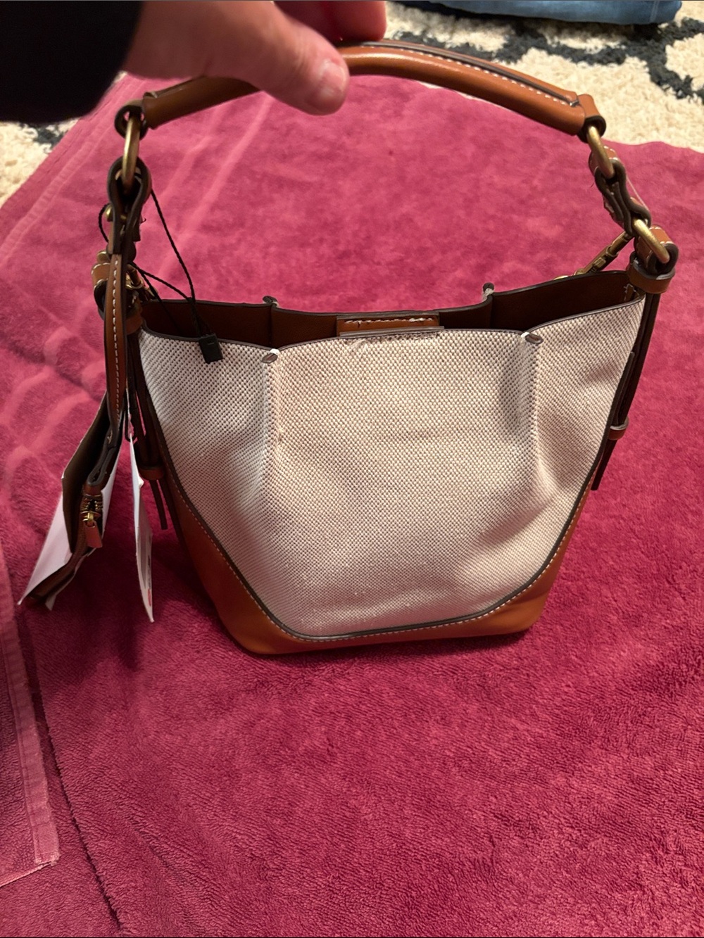 Zara Cream Canvas and Tan Faux Leather Bucket Bag NWT - Picture 8 of 8